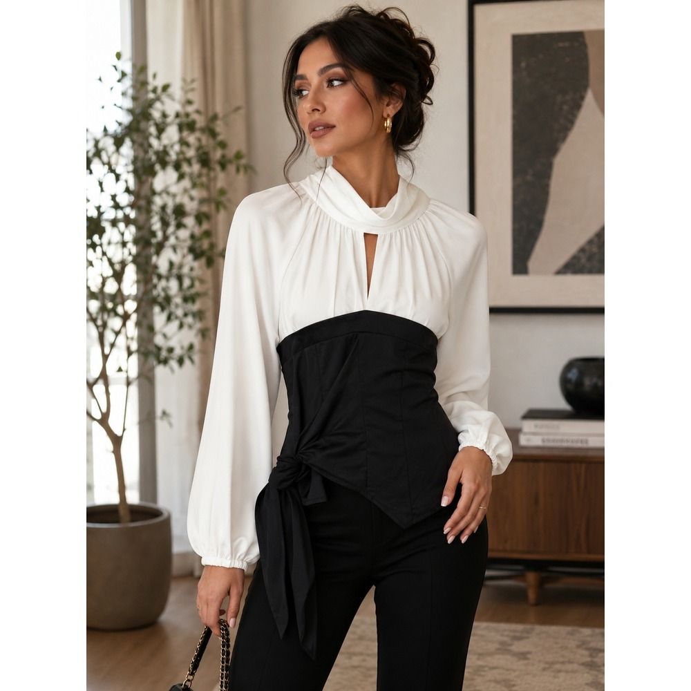 7th Avenue‎ Colorblock Corset Blouse Scarf Neck Tie Waist Top M